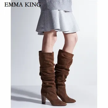 

EMMA KING Women Autumn Winter Beige Suede Pleated Loose Thigh High Boots The Knee High Boots Pointed Toe Chunky Heels Dress Shoe