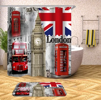

Shower Curtain,Bathroom Curtains Accessories-Street Scenery,United Kindom,London Style,Call Box,Telephone Booth,Bus
