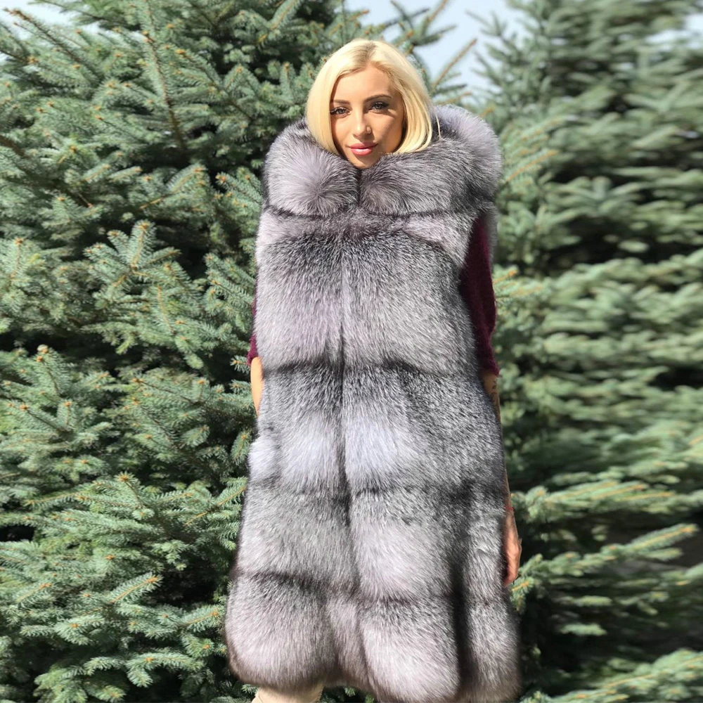 Long Real Silver Fox Fur Vest with Hood Natural Women High Quality Genuine Silver Fox Fur Coat Sleeveless Fur Overcoats Luxury