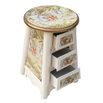 

European pastoral Korean furniture Solid wood storage stool Round three pumping Dressing