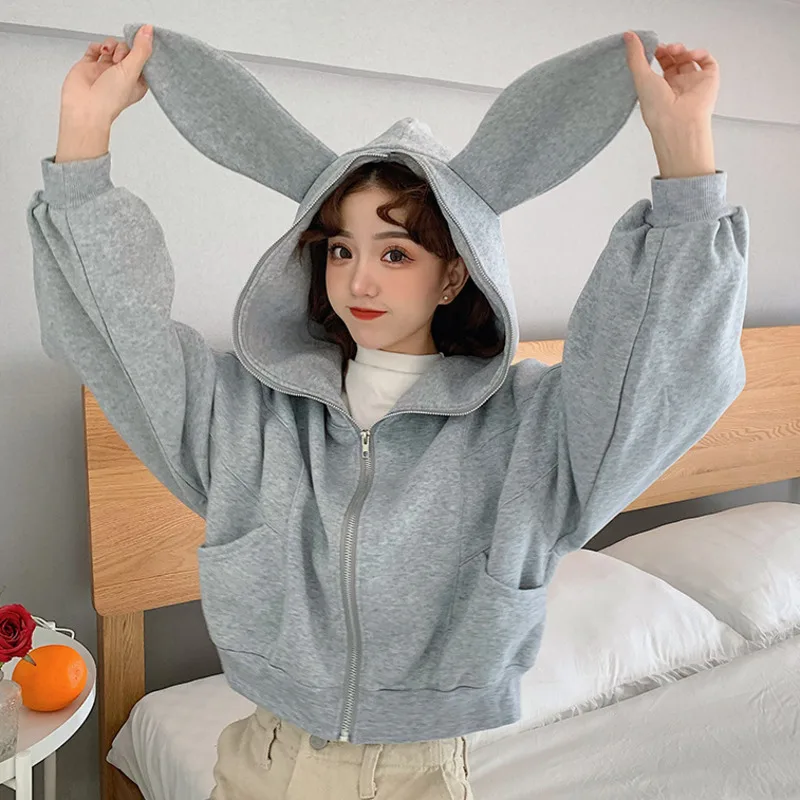 2021 Spring Autumn Kawaii Style Women Hoodies Funny Rabbit Long Ears Hooded Sweatshirt Long Sleeve Casual Zip Up Short Hoodie