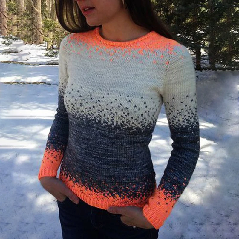 2020 New Autumn Winter Women's Fashion Casual Long Sleeve O Neck Slim Fit Knitted Sweaters Gradient Color Pullovers Sweater Tops | Женская