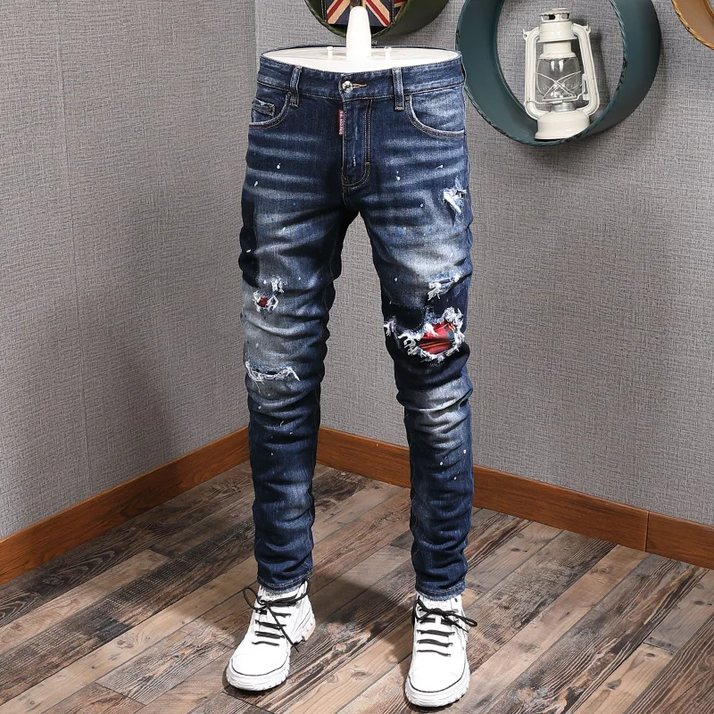 

Italian Style Fashion Men Jeans Retro Dark Blue Slim Fit Ripped Denim Pants Patchwork Designer Streetwear Hip Hop Long Pants