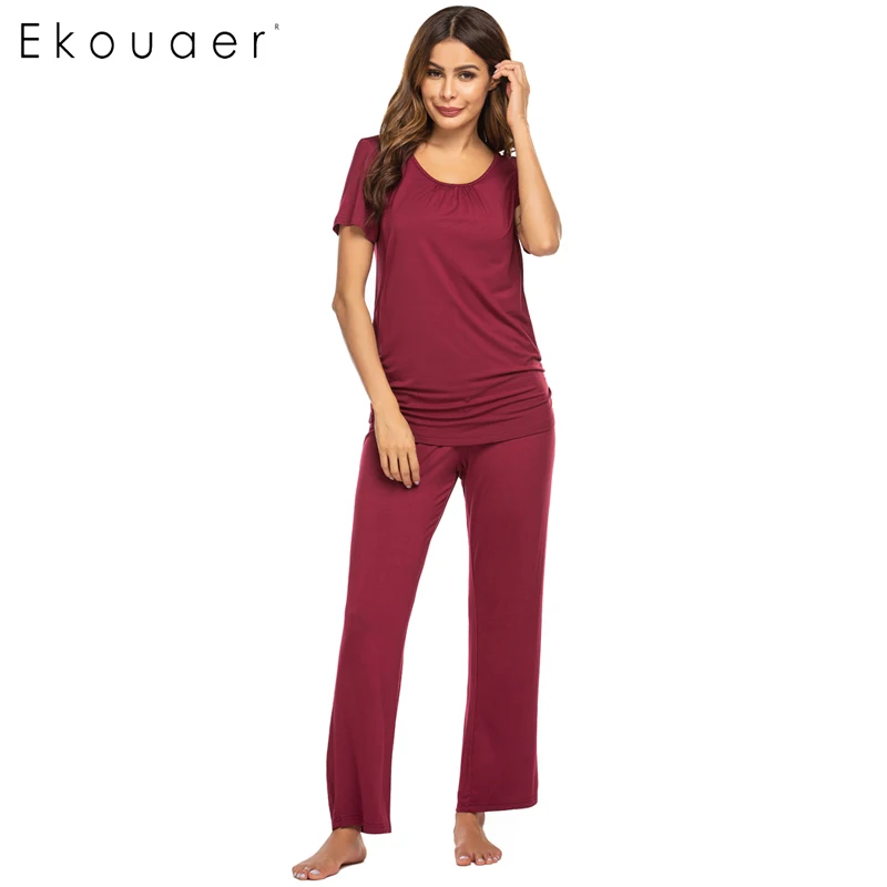 wine red Ekouaer, женская пижама, одежда для сна, домашняя одежда для беременных женщин, футболка для кормления грудью и штаны, пижамный комплект, одежда для отдыха, ночное белье - Цвет: wine red