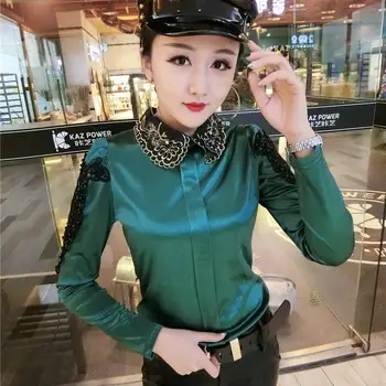 

Spring Women Solid Silk Shirt Female Blouse Tops Long Sleeve Casual Peter Pan Collar OL Style Women Loose Blouses