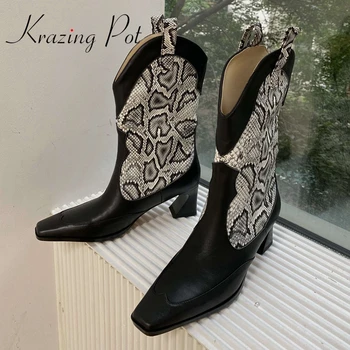 

Krazing Pot cow leather small square toe high heel western boots patchwork mature lady fashion slip on cozy mid-calf boots L33