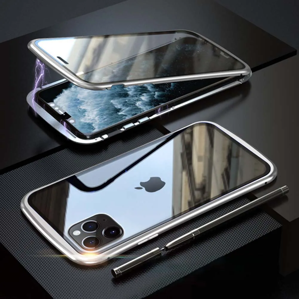 Silver Металлический бронированный Магнитный чехол для телефона для iPhone 11 Pro Max 360 Защитный чехол для всего тела двухсторонний прозрачный чехол из закаленного стекла - Цвет: Silver