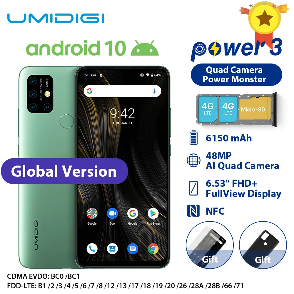 UMIDIGI power 3 смартфон Android 10 4 Гб 64 Гб 6,35 дюймов Восьмиядерный 48мп четырехъядерный камера 6150 мАч разблокированный NFC 4G мобильный телефон