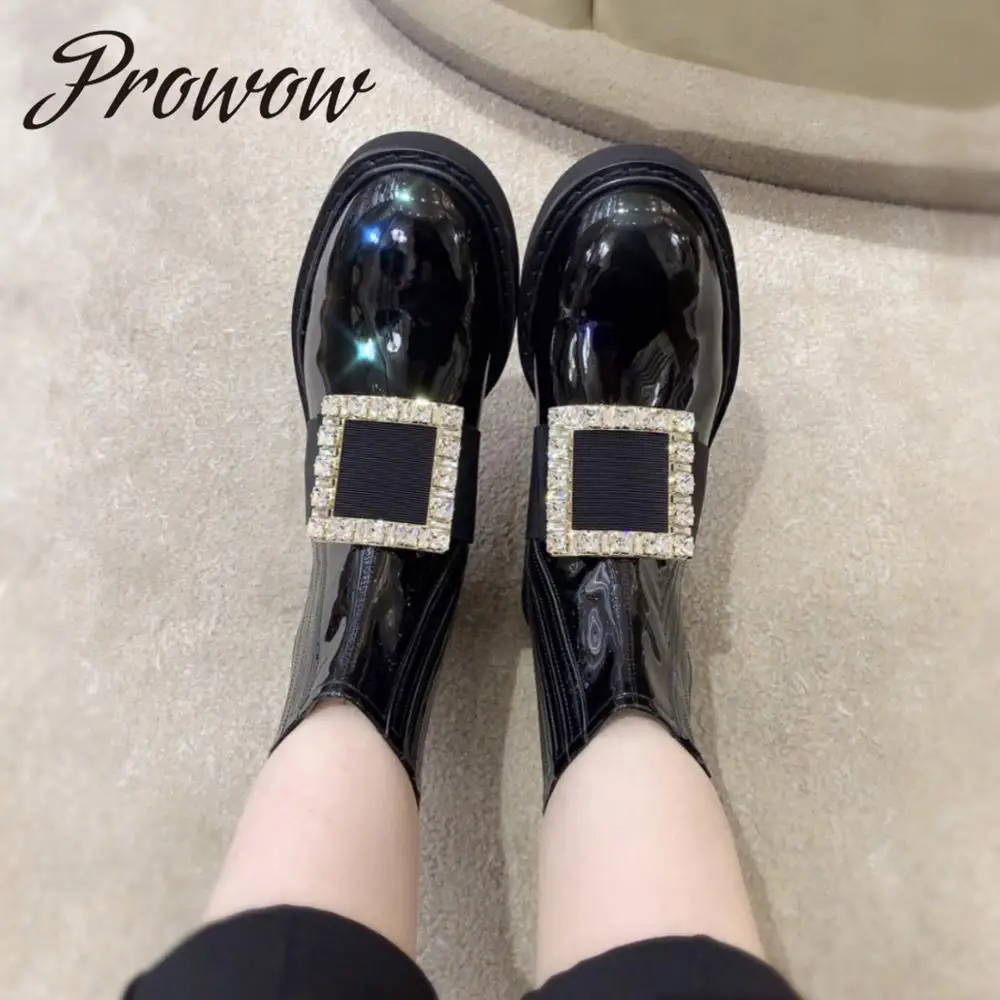 

Prowow New Branded Black Genuine Leather Crystal Beading Ankle Boots Rund Toe Slip On Low Heel Autumn Winter Boots Shoes Women