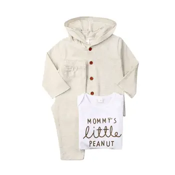 

0-18M 3pcs Newborn Baby Boys Girls Autumn Warm Button Hooded Coat Set Long Sleeve Romper + Coat + Pant Outfits Set
