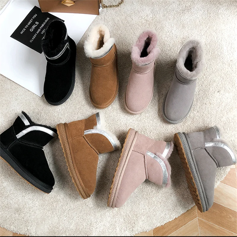 

Ankle Boots Winter Women Platform Boots Wool Genuine Leather Shoes Fashion Black Pink 2019 New Flat Boots Warm [Patchwork Boots