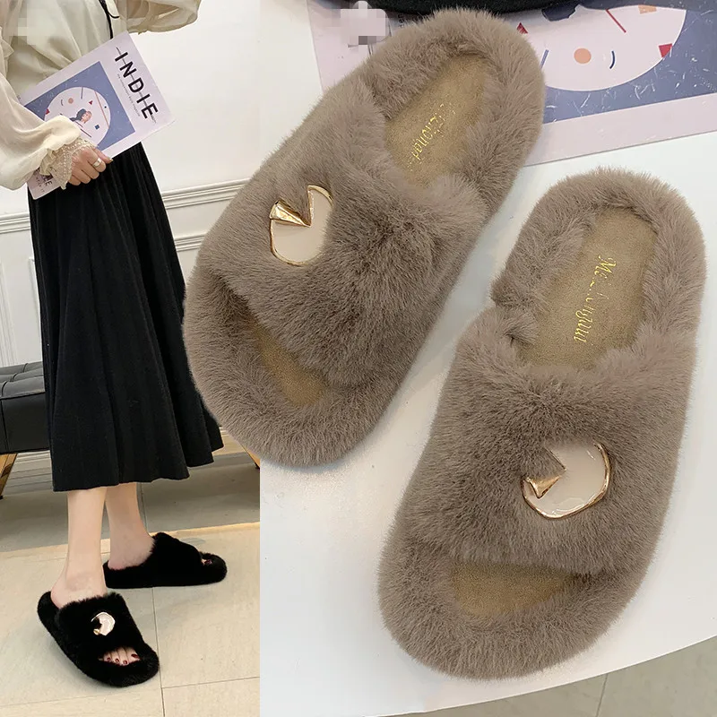 

Low Flock Luxury Slides Shoes Slippers Fur Loafers Buckle Strap Shose Women Rivet Designer Plush 2019 Soft Flat with fur