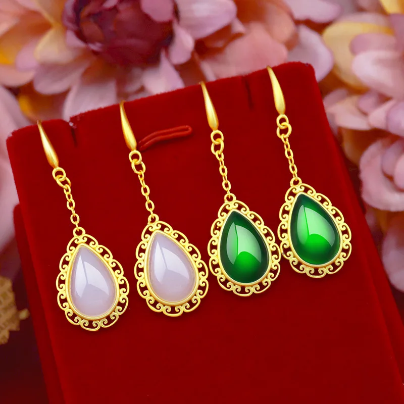 

Women Earrings 14K Gold Drop Earring Water Droplet Agate Stone Gemstone Earrings Green Emerald Jade Earrings Jewelry Female Gift