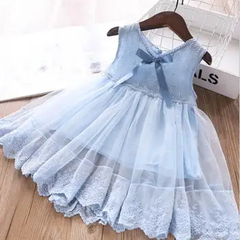 

2020 Summer New Children Baby Blue Lace Bow Vest Dresses , Girls Princess Sweet Clothes 5 Pieces/lot Wholesale
