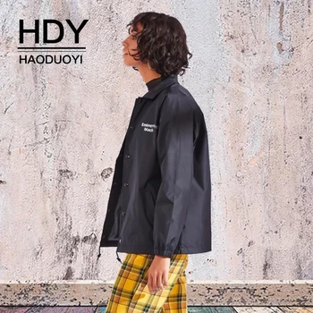 

HDY Haoduoyi New Fashion Simple Street Hip Hop College Ins Tide Brand Letter Printing Bomber Jackets Button Loose Women Jacket
