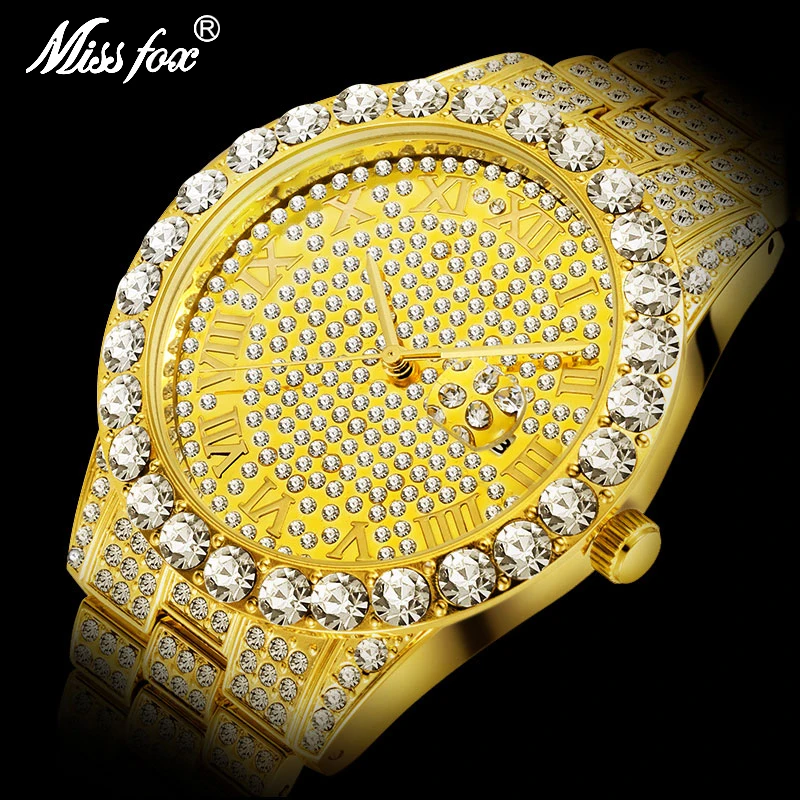 

Dropshipping 2020 Hot MISSFOX Watches Men Wrist Luxury Brand Rolexable_watch Men 18K Gold Fake Diamond Male WristWatches For Men