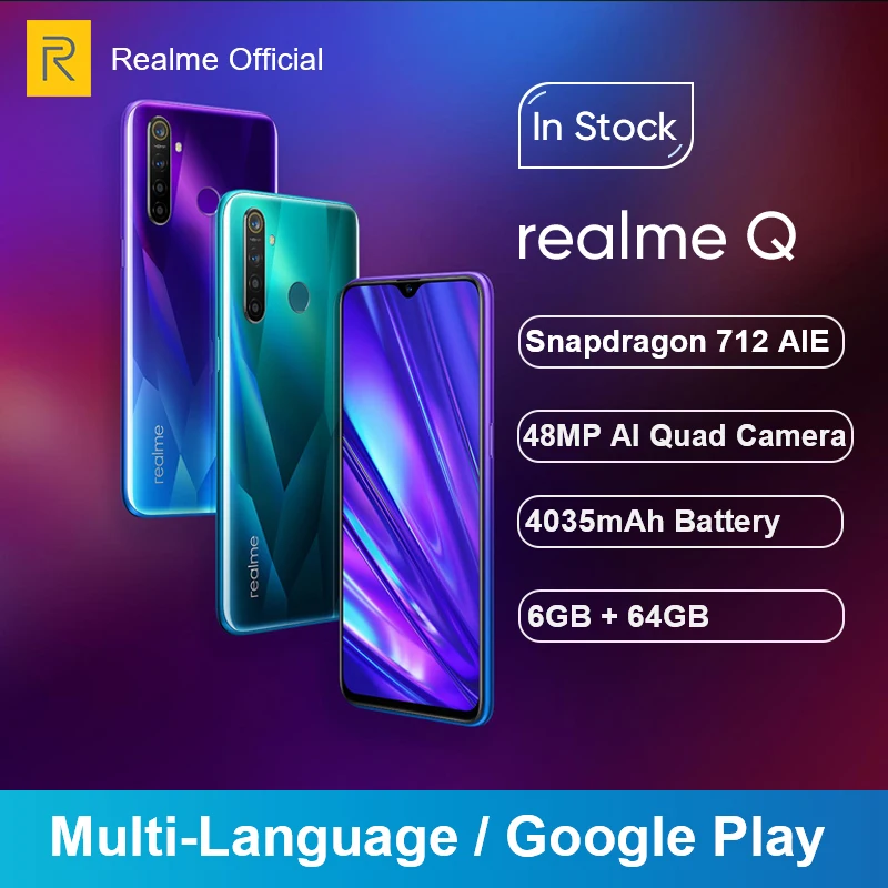 Realme Q 6 ГБ ОЗУ 64 Гб ПЗУ 3 ''мобильный телефон Snapdragon 712AIE Восьмиядерный 48MP