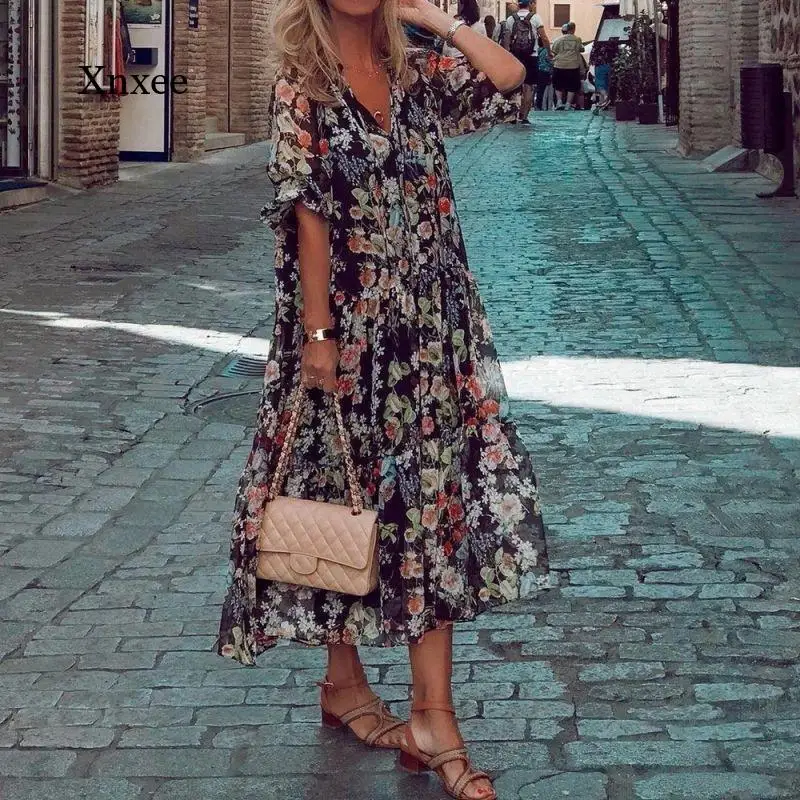 

Women A-Line Maxi Dress Vintage Casual Summer Short Sleeve Loose Dresses High Waist V-Neck Ladies Black Floral Printed Sundress