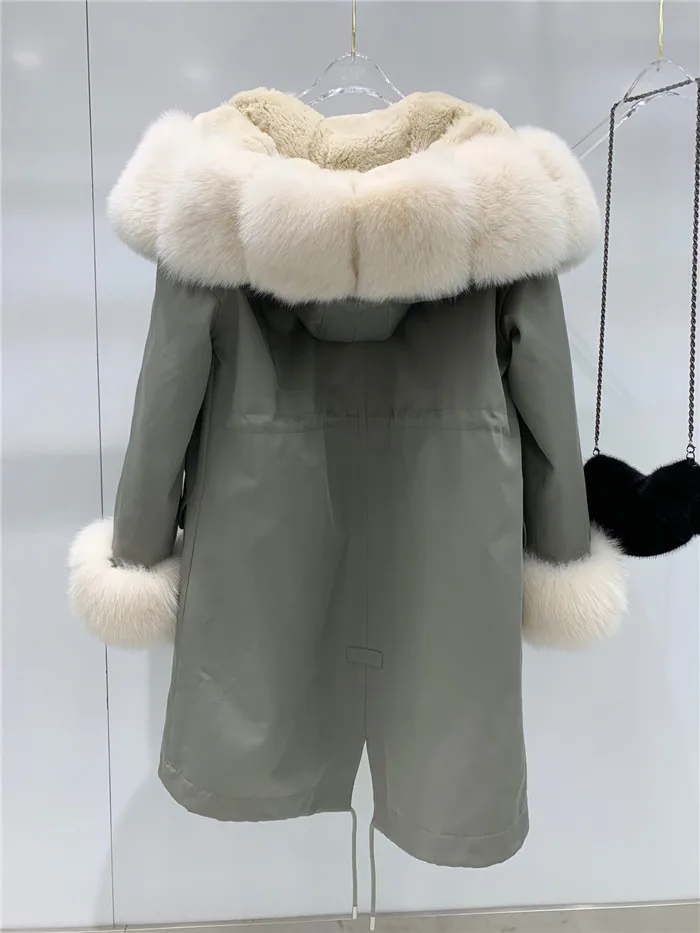 Новая зимняя Длинная женская куртка с большим воротником из лисьего меха, парки с капюшоном, настоящая подкладка из кроличьего меха Рекс, плотное пальто - Цвет: Gray