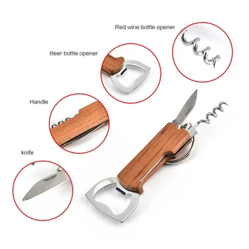 

Multifunctional Beer Opener Keychain Stainless Steel Wooden Handle Corkscrew Wine Opener Bar Party Accessories Multitool