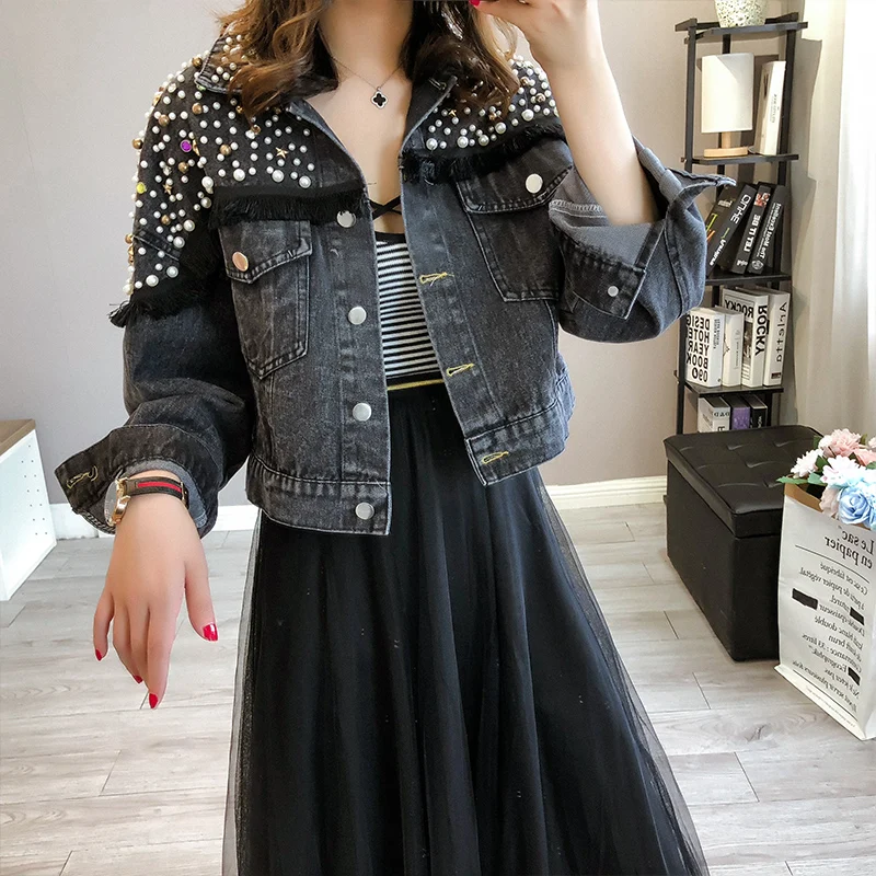 Chaquetas Mujer, осень, уличная одежда, джинсовая куртка для женщин, ручная работа, жемчуг, панк, кисточка, Veste Femme, свободные короткие джинсовые пальто