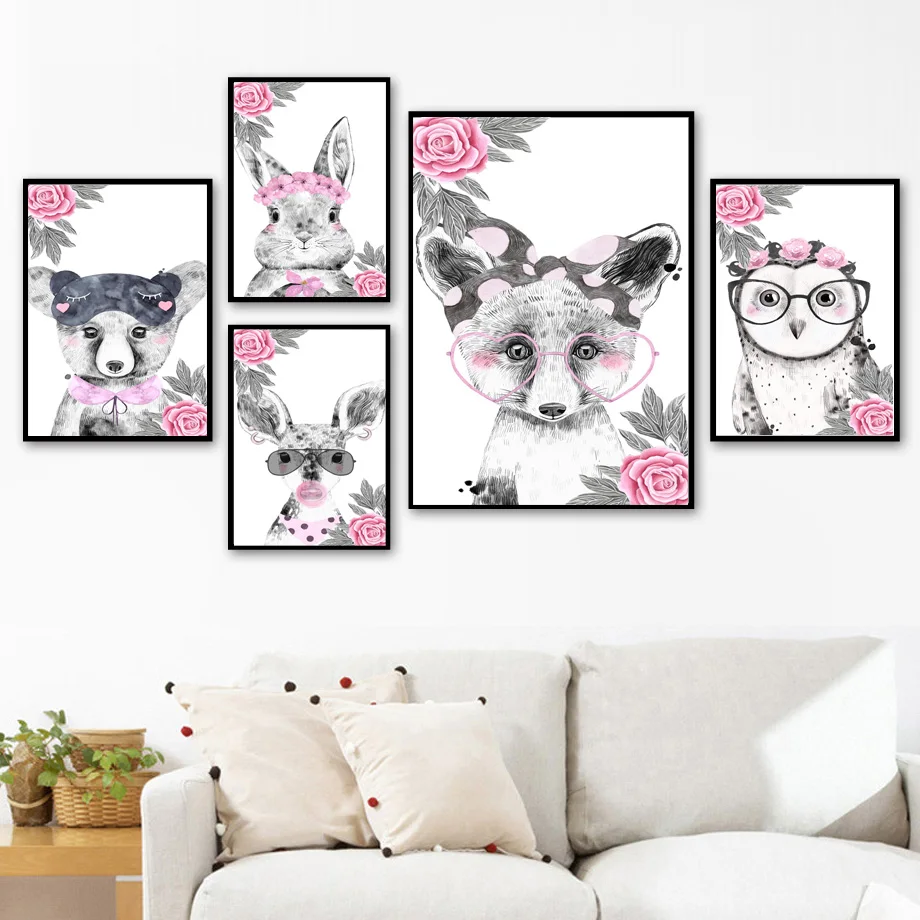 

Cute Bear Rabbit Elephant Fox Flower Crown Wall Art Canvas Painting Nordic Posters And Prints Wall Pictures Baby Kids Room Decor