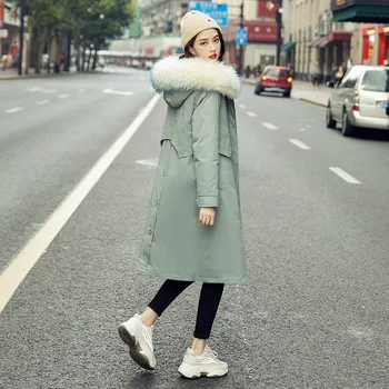 

Female long section new fashion waist large fur collar white duck down explosion section thick over the knee down jacket