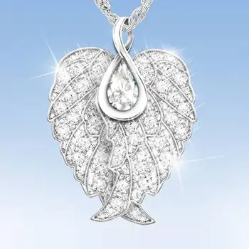 

Women Silver Color Necklace Embellished with Crystals from Swarovski Necklace Angel Wings Heart Pendant Valentines Gift