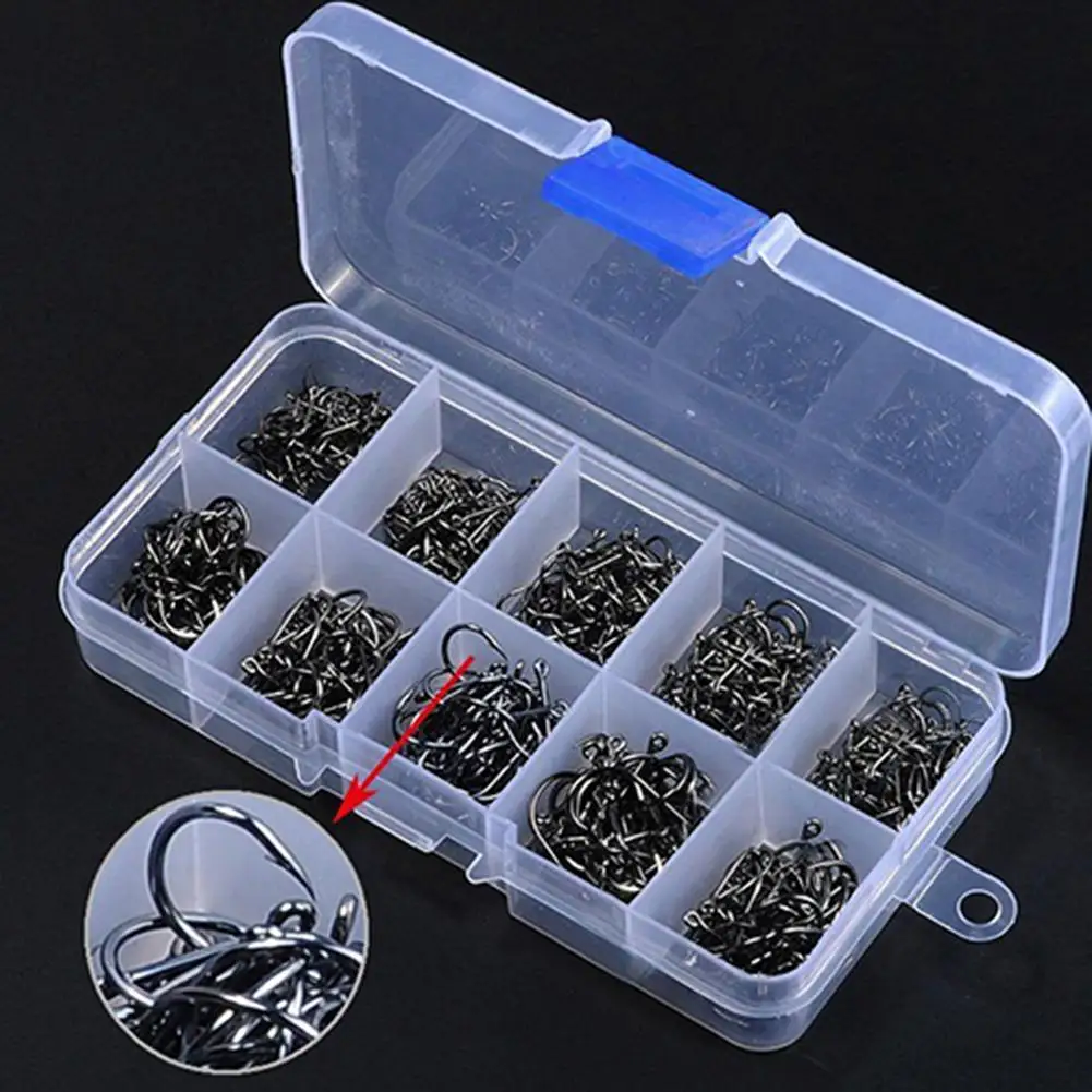 

500 Pcs 10 Sizes Assorted Sharpened Carbon Steel Fishing Hooks with Tackle Box