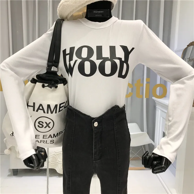 Holly wood, женские рубашки, тонкая футболка, женская уличная одежда с круглым вырезом и буквенным принтом, корейская мода,, srping, длинный рукав