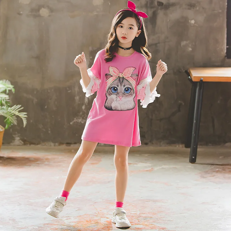 

Girls Dress 2019 New Style Summer Wear chao yang Gas Big Kid CHILDREN'S Garment Summer Short-sleeved Long T-shirt Skirt Fashion
