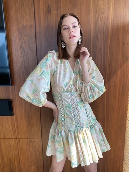 

Yellow Floral Printed Woman Dress Women 2020 Autumn Runway Designers Dress