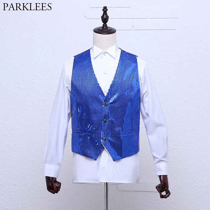Royal Blue Sequin Glitter Embellished Waistcoat Men Wedding Groom Slim