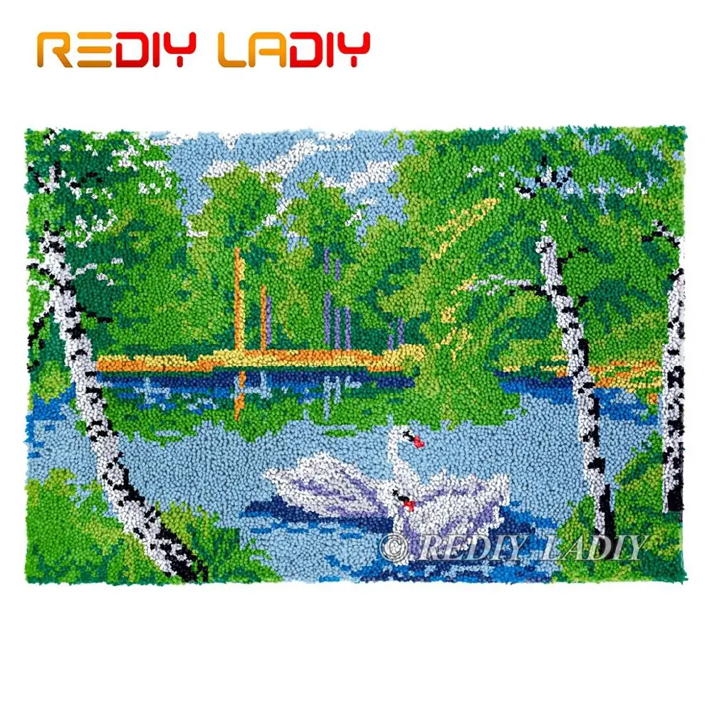 Latch Hook Kits Forest Lake Swan DIY Carpet Rug Lush Tapestry Chunky Yarn Knitted Floor Mat Crochet Cushion Crafts 85*58cm | Дом и сад