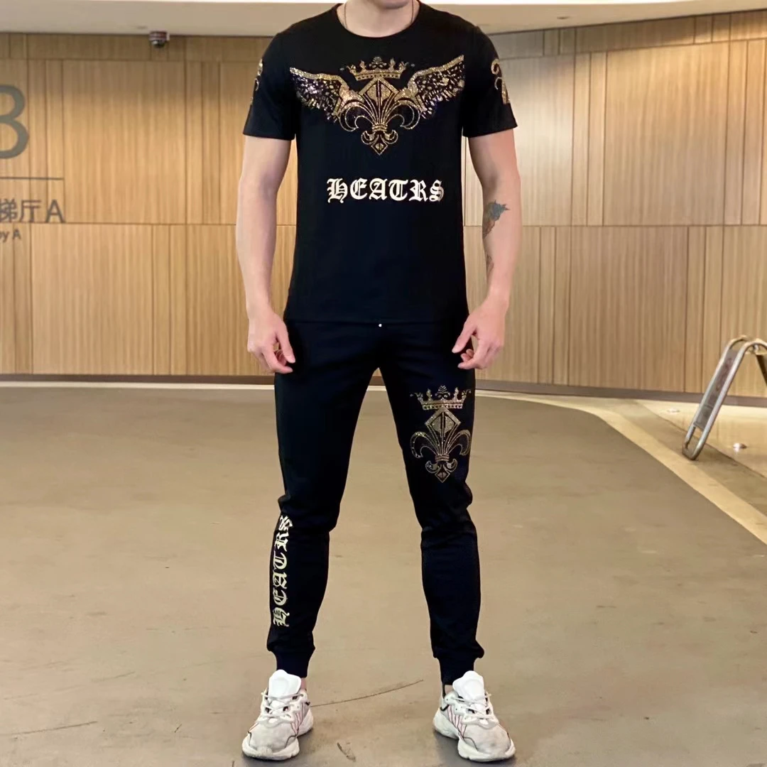 Ropa Deportiva de dos para hombre, prenda elegante y ajustada con estampado de diamantes alta gama, estilo popular, primavera y verano - AliExpress Ropa de hombre