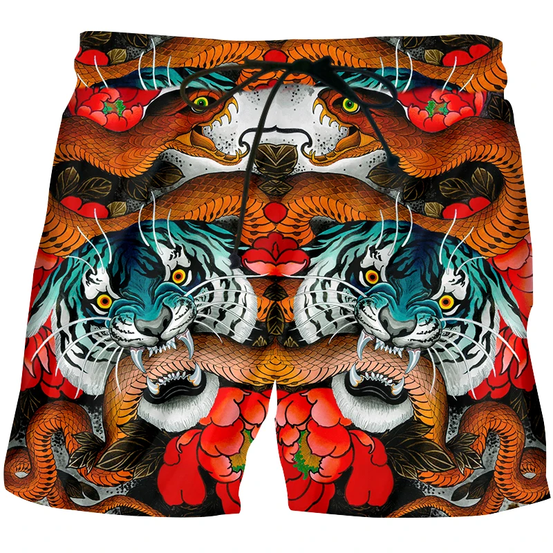 

Tiger Snake Red New Design Casual Shorts Men 3D Printed Fashion Summer Beach Mens Shorts Dropship Loose Lace-up Shorts Custom