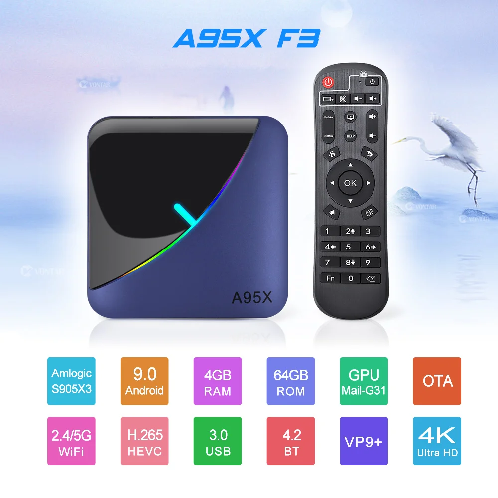 

A95X F3 Android 9.0 TV Box Amlogic S905X3 RGB Light 2.4G&5Ghz Dual Wifi BT4.2 H.265 4K Netflix Youtube Media Player Set Top Box