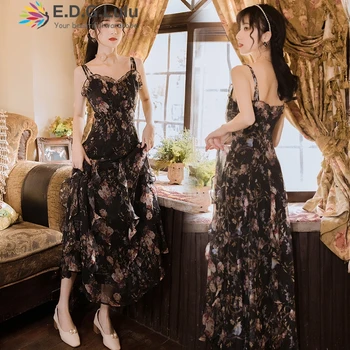 

EDGLuLu Rose Flower Black Printed Elegant Spaghetti Strap Dress Beach Summer Chiffon Dress Camis Sundress Retro Vesitdos 0528