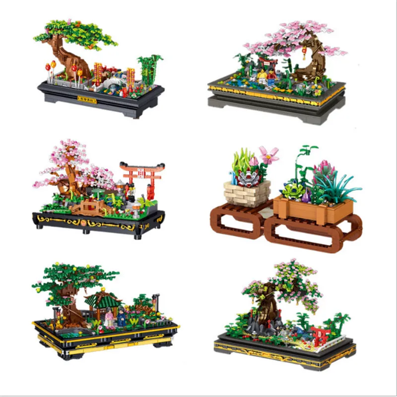 

MOC Mini Building Blocks Bonsai Cherry Peach Blossoms Chinese Scholar Tree Pine Simulated Succulent Plant Models Creative Gifts