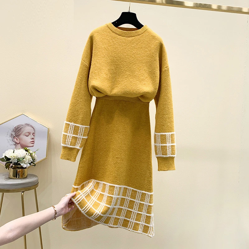 Yellow Вязаный пуловер, свитер, костюм, Осень-зима, однотонный мягкий свитер с клетчатой отделкой и юбка до середины икры, Женский повседневный комплект из двух предметов - Цвет: Yellow