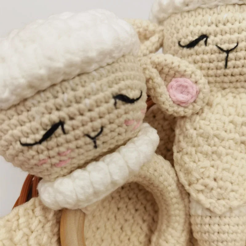Crochet Sheep Rabbite Toy Set Comfort towel Baby Rattle Biting Ring Handmade Baby Teething Ring Stuffed Plush Toys Gifts 3
