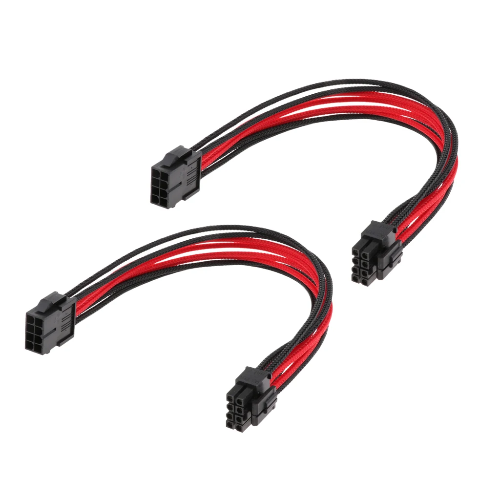 2pcs CPU 8-Pin Power Supply Extension Cable Lead ATX PSU Male to Female Cord Black Red Sleeved 30cm