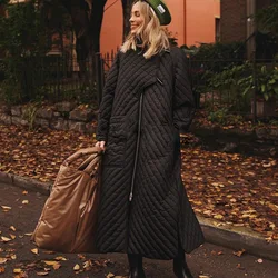 Winter Long Coat for Women Black Zipper Long Cotton Jacket Women Plaid Parkas Women