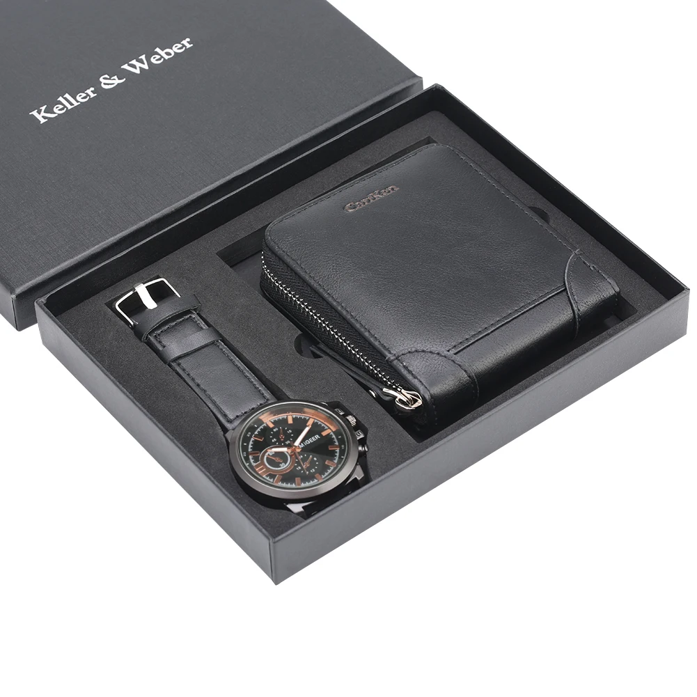 

Casual Men Quartz Wrist Watch Wallet Gift Set Geniune Leather Band Zipper Design Money Wallet Top Luxury Gifts for Dad Husband