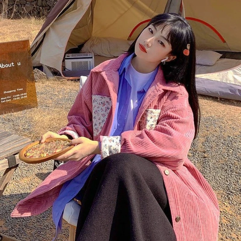 재킷 여성 디자인 의류 Preppy 모든 경기 레저 휴일 느슨한 싱글 브레스트 러블리 빈티지 코듀로이 매일 부드러운 유행