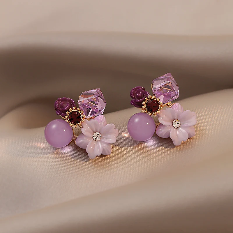 Noble Purple Crystal Flower Stud Earrings For Woman 2021 Korean Fashion Jewelry Wedding Party Girl’s Elegance Set Accessories