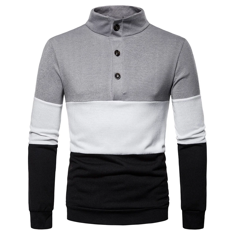DIHOPE Men s Knitted Sweaters Casual Patchwork JacketsThree color Stitching Deep High Collar Pullover Men s 2