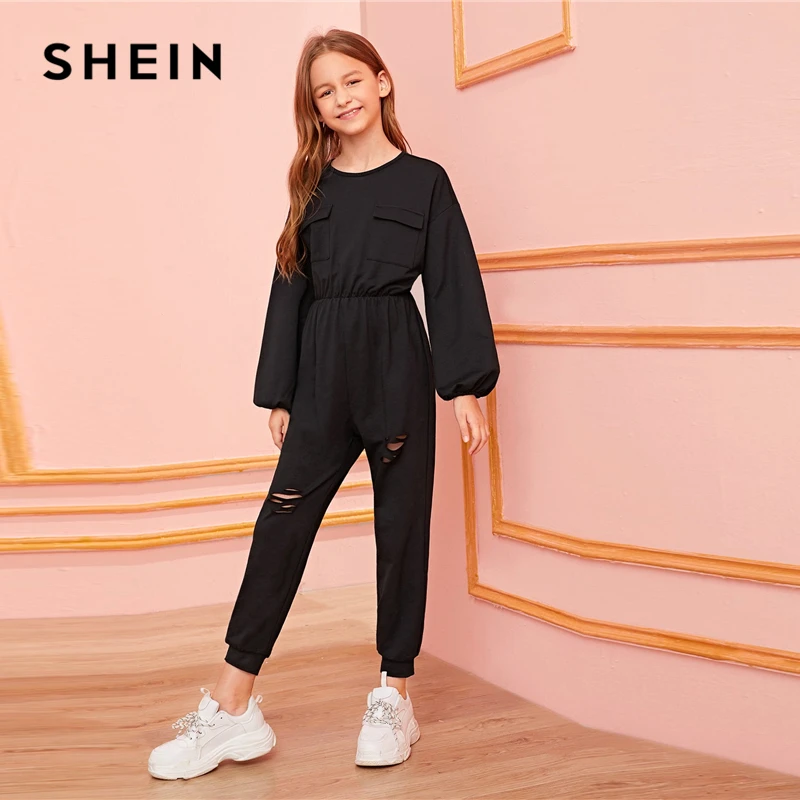 SHEIN Kiddie черный однотонный лоскутный карман заплатка разрез сзади рваные Толстовка комбинезон осень с длинным рукавом для девочек повседневные Комбинезоны