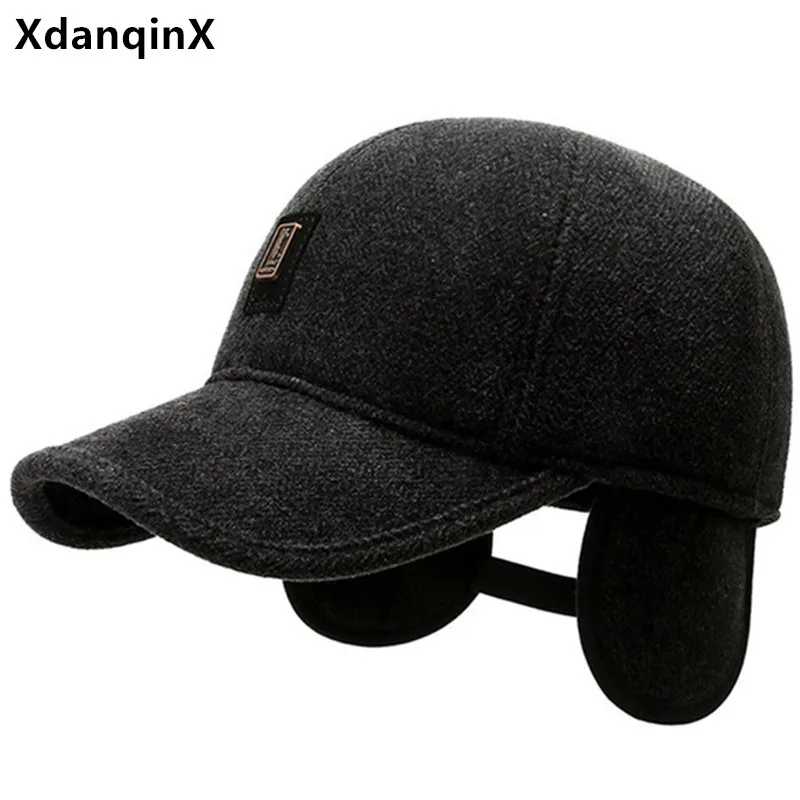 

XdanqinX Winter Men's Plus Velvet Warm Earmuffs Hat Thermal Baseball Cap Snapback Cap New Adjustable Size Men Casual Sports Caps