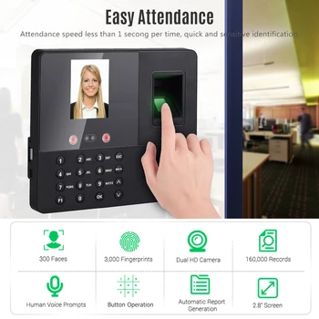 

Biometric Attendance Machine Face Fingerprint Password Recognition Time Clock Access Control System with 2.8 Inch TFT Screen